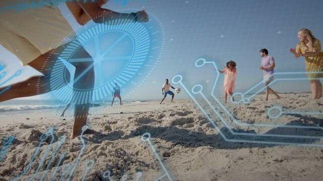 Woman in yellow grabbing ball to kick for play, superimposing sports HUD animation, group reacting