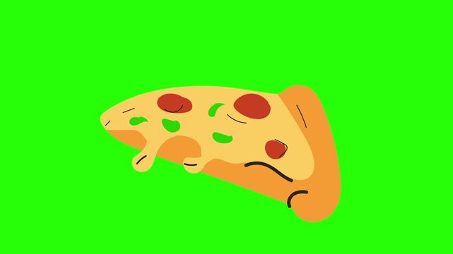 Cartoon-style animate a pizza slice featuring melting cheese, pepperoni, and basil toppings, against 4k stock animation video on a green screen background.