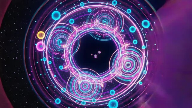 Cosmic portal displaying glowing complex patterns and orbiting spheres in a dark mysterious universe.