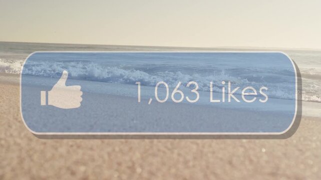On play translucent likes counter updating over sandy beach, thumbs-up pulsing showing engagement