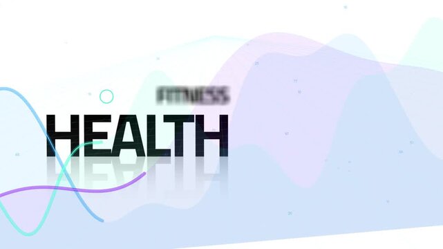 FITNESS appearing, lines drawing, HEALTH shifting, figure sliding stretching, MIND forming balance