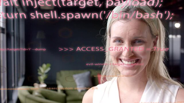Woman presenter celebrating tech access via ACCESS_GRANTED overlay crossing face, smiling, laughing