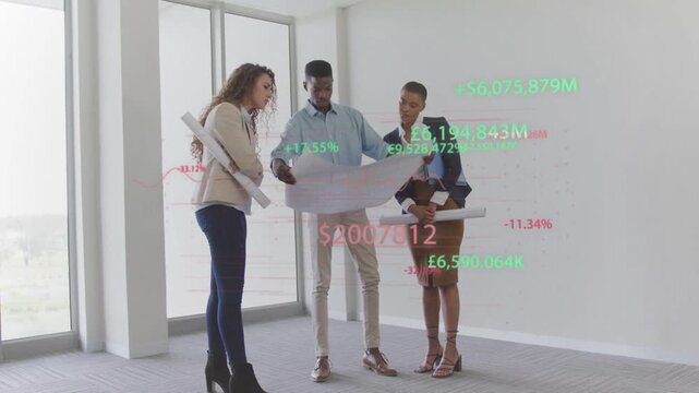Man unfolding blueprint and pointing, colleagues leaning in, finance overlays showing budget impact