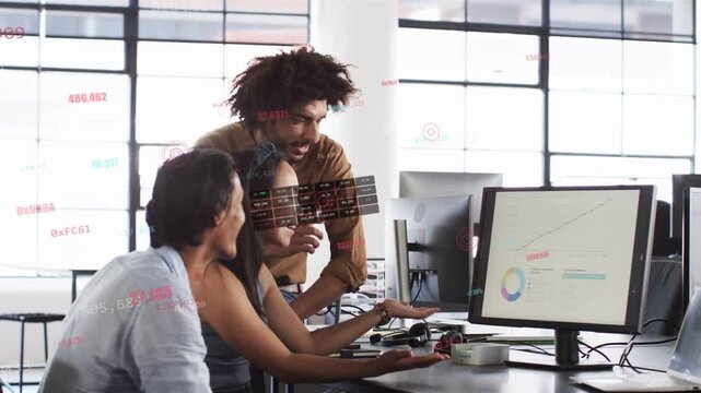 Woman moving mouse and pointing at chart, peer leaning and clarifying business results via overlays