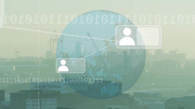 Blue globe appearing over harbor, user boxes linking, grid turning, binary stream mapping network
