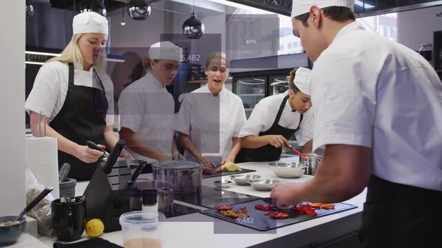 Lead chef cueing line cooks at prep counter, animated UI tracking pepper chopping for training