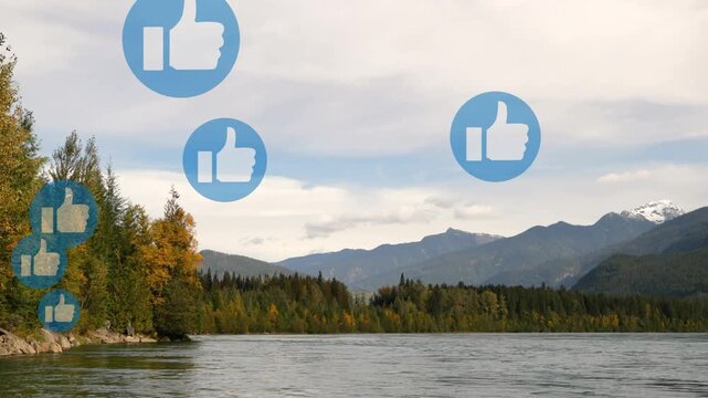 Bubble appearing over lakeshore starting blue thumbs-up icons rising, grouping showing engagement