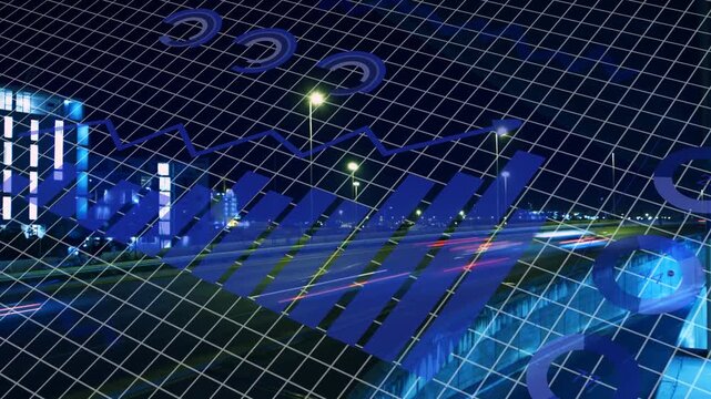 Grid appearing, blue diagonal slats, rings, segmented pie expanding over grid, showing traffic flow