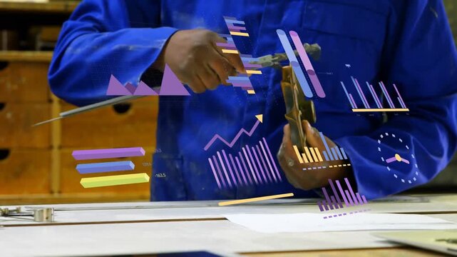 Technician picking up caliper, steadying part, opening jaws, sliding to measure size with HUD