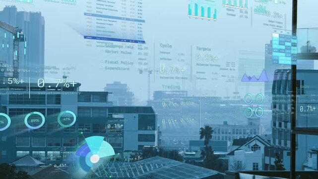 Data feed starting, analytics HUD sliding over skyline, panels updating showing city metrics