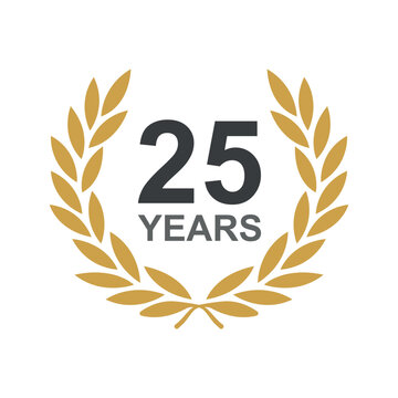 Twenty Five Years Anniversary Emblem with Golden Laurel Wreath vector illustration. Celebrating Success Isolated on White Background.