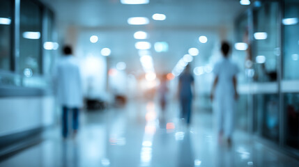 Fototapeta premium Blurred image of healthcare professionals walking in a hospital corridor, emphasizing medical environment and teamwork.
