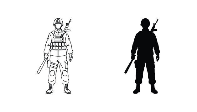 Armed soldier icon set with rifle and baton in outline and solid black style for security and military themes