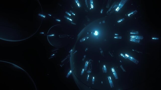 A futuristic sphere illuminates an AI chip, which powers various modules via fiber optic network transmission. Creates a sense of technology, dynamism, and 3D rendering.