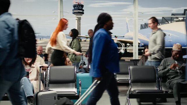 Man and woman in airport bumping trolleys while walking toward departure gate during global voyage. Tourists clashing luggage in air transportation transit hub when rushing for flight, camera A