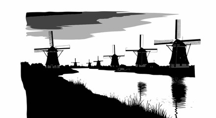 Obraz premium Traditional Dutch windmills line a canal under a cloudy sky, black and white silhouette
