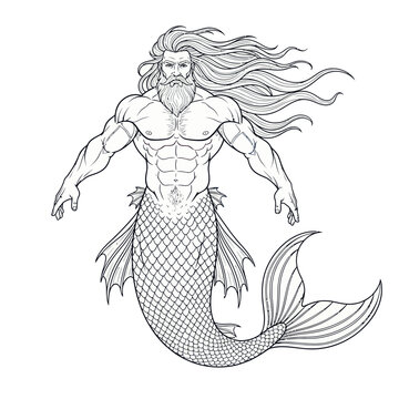 Merman Sketch, Muscular Male Mermaid, Mythological Creature, Ocean God