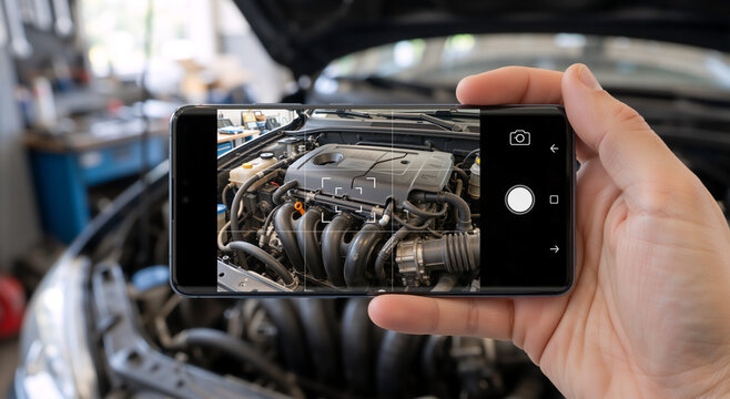 Hand holding smartphone taking photo of car engine. Mechanic using mobile phone for diagnostics