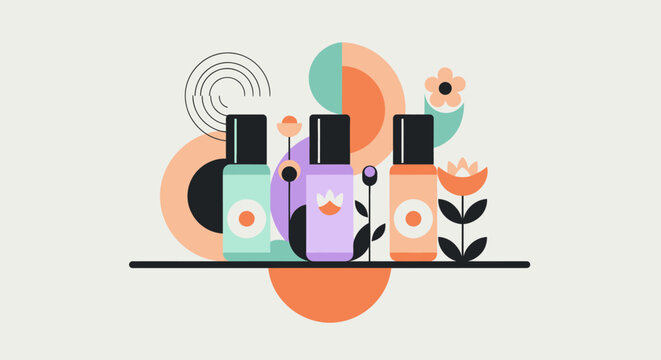 Abstract minimalist illustration of three cosmetic bottles with floral and geometric elements