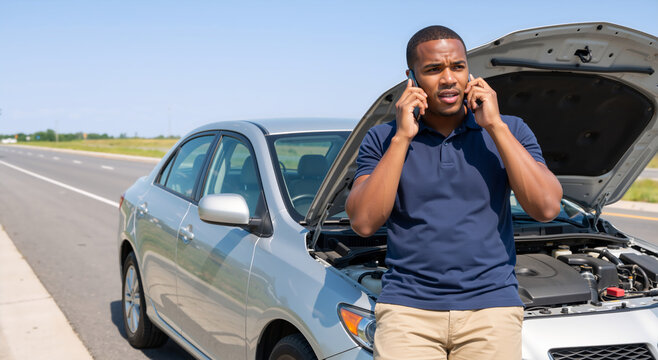 Man with a broken down car on the road calling for help. Stressed driver with vehicle trouble