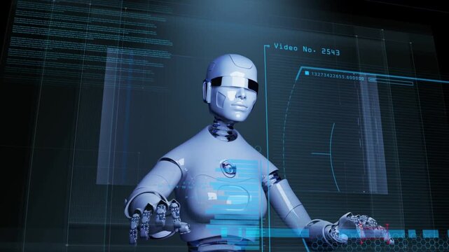 3D animation of a futuristic humanoid AI robot: it types code, organizes data, uses cloud for big data processing, and manages neural networks with cybersecurity systems.