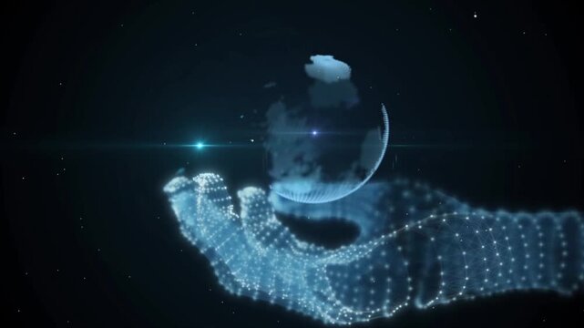 Line hand holding Earth, fingers touch futuristic cubes and a 5G chip appears. Sense of tech and future, AI tech, holographic image. 3D animation.