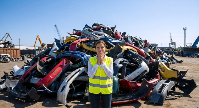 Woman worker standing in front of large pile of car bumpers at recycling yard. Shocked expression in junkyard