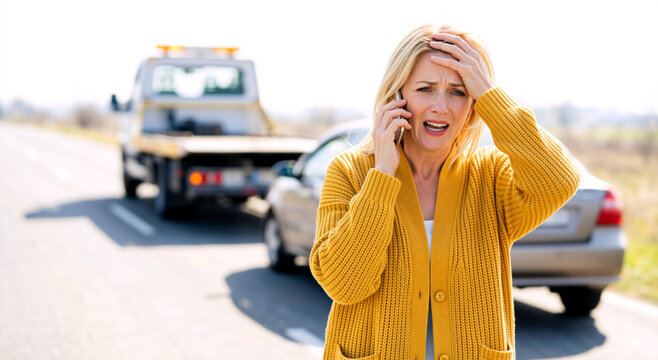 Stressed woman calling for roadside assistance after a car breakdown. Frustrated driver on the phone with a tow truck in the background