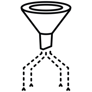 Funnel separating and distributing data outline icon with separate, distribute