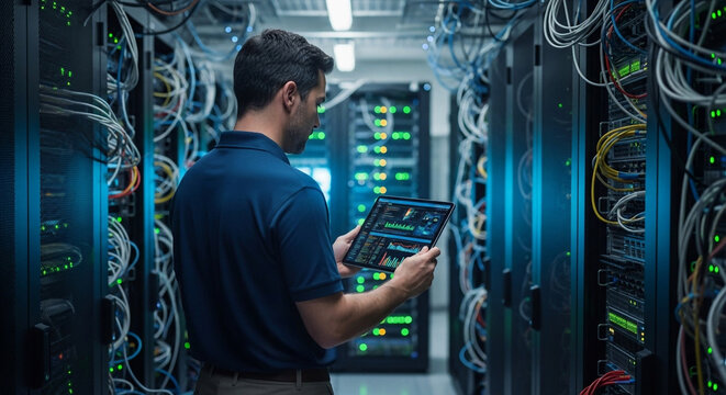 IT Technician Using Tablet in Modern Data Center - Network Management, Server Maintenance & Digital Infrastructure Support young man with laptop