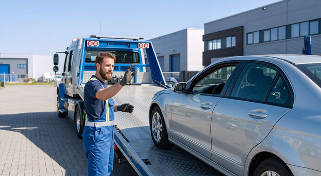 Professional tow truck driver loading a silver car onto a flatbed. Automotive roadside assistance service in an industrial area