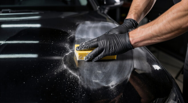 Close up of hands in black gloves applying polish to a black car hood with a yellow sponge. Auto detailing and paint protection concept