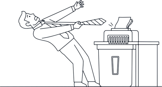 Man's tie stuck in paper shredder office accident.