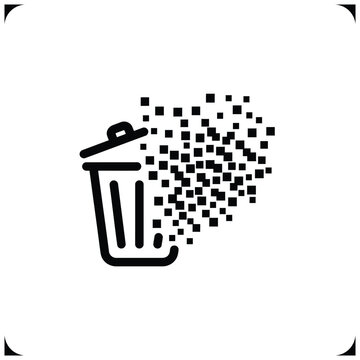 Digital data deletion icon with disintegrating pixelated trash can, black white