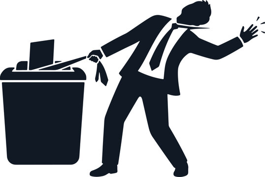 Businessman pulling tie out of trash bin, stress and frustration concept.