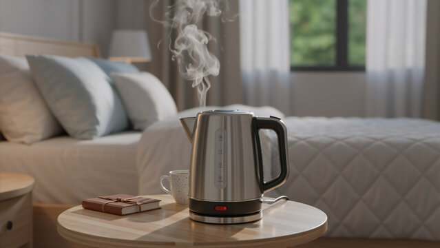 Stainless steel electric kettle boiling water with steam on a wooden table in a bedroom. Morning routine with hot tea or coffee. Cozy home interior