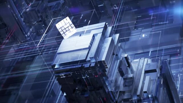 AI chip and future city, polymer bursts energy and shock waves, AI chip falls and emits light, affecting the operation of the entire city, artificial intelligence technology in smart city, 3D render.