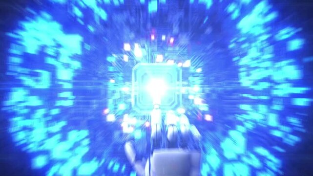 AI chip lights up colorful circuit board. Robot verifies fingerprint. Big data cube rotates, 5G ball encircled by lines. 5G communication development impacts city operations. 3D render.