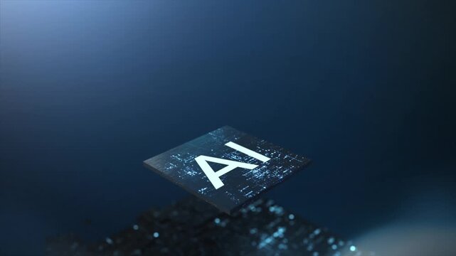 AI chip production connecting to motherboard. Chip activates circuit board. Futuristic black AI acceleration microchip linked to PCB, powering whole system. High-tech 3D rendering.