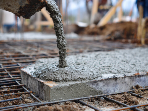 Wet concrete being poured from a chute onto metal reinforcement grid for a solid foundation during construction on a blurred industrial site background