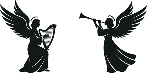 Christmas angel silhouettes set, angels playing harp and trumpet vector © Nasir
