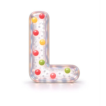 3D Glass Letter L with Colorful Candy Spheres and Bubbles