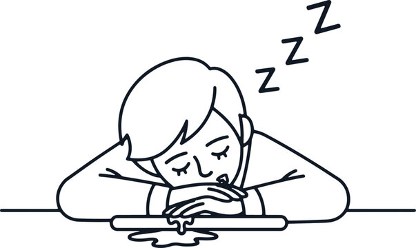 Tired person sleeping on desk with drool falling concept exhaustion hard work.