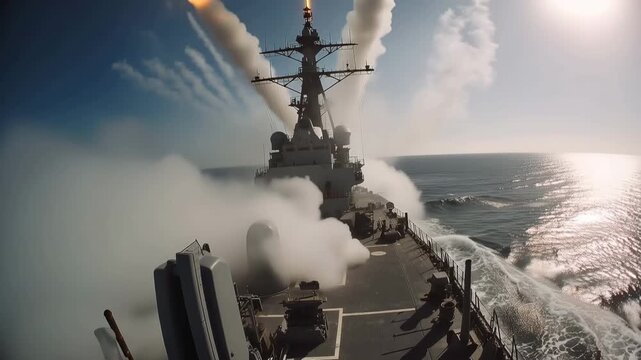 At sea, a naval ship fired several missiles from deck launchers. tilting and panning the camera.