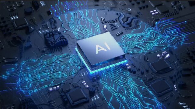 AI chip connects to motherboard, drops down to link with circuit board, activating it to emit particles and lines. Whole system powers up. Tech 3D animation.