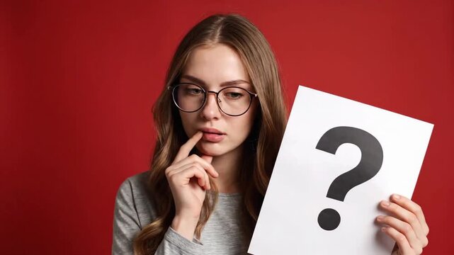 Pensive woman holds question mark sign in front of red background while thinking about something important