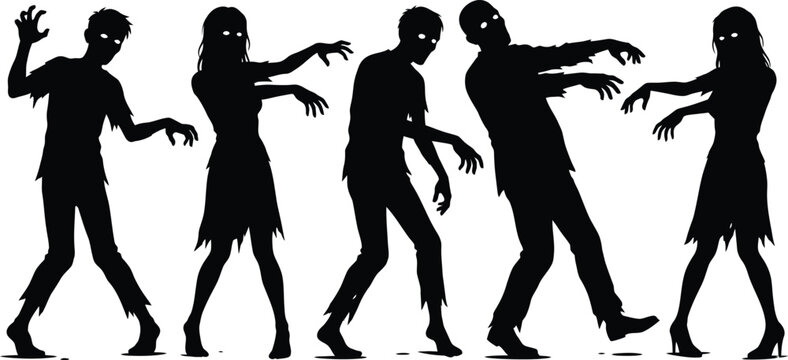 Zombie silhouettes set with glowing eyes, walking undead horde vector
