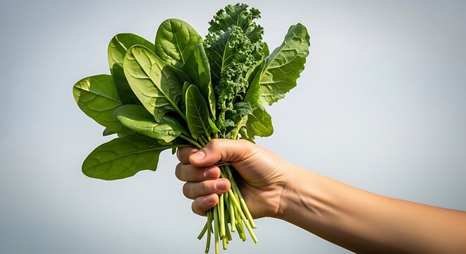 Hand holding a bunch of fresh organic spinach and kale