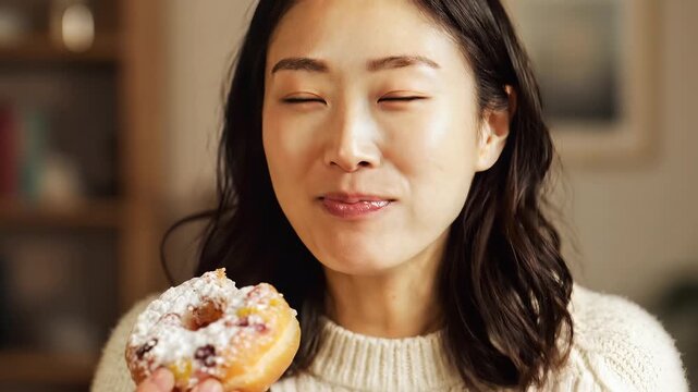 Happy Asian woman eating a sugary donut at home during snack time