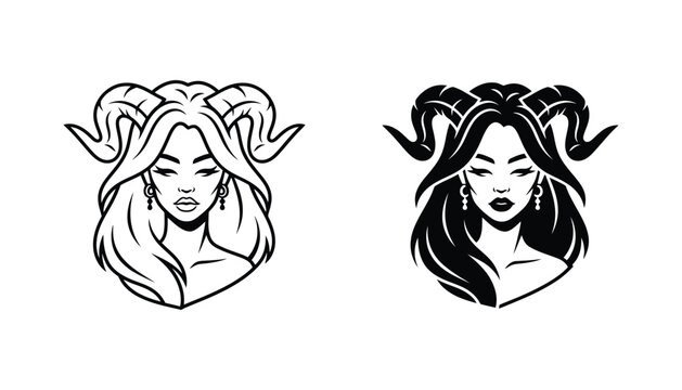 Mystical woman with ram horns portrait in artistic black and white vector style perfect for zodiac inspired designs fantasy gaming logos or occult themed graphic arts and creative projects
